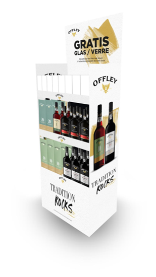 Image sur Display 42 Offley 75 cl Mix (12 Port 10 Years, 12 Late Bottled Vintage 2017, 6 Tawny 20 Years, 3 Colheita 2001, 9 Reserva) + 42 Verres Porto Gratuits 20.14° 31.5L